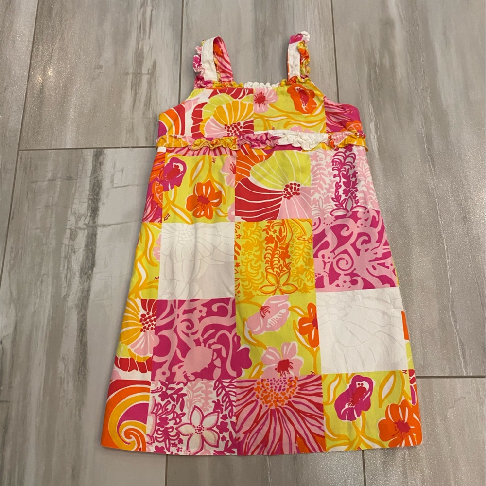 Lilly Pulitzer Orange, Pink and Yellow Tropical Madras Patchwork Dress Girls 4